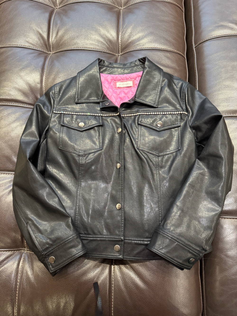 MonnaLisa Black Faux Leather Jacket with Pink Quilted Lining